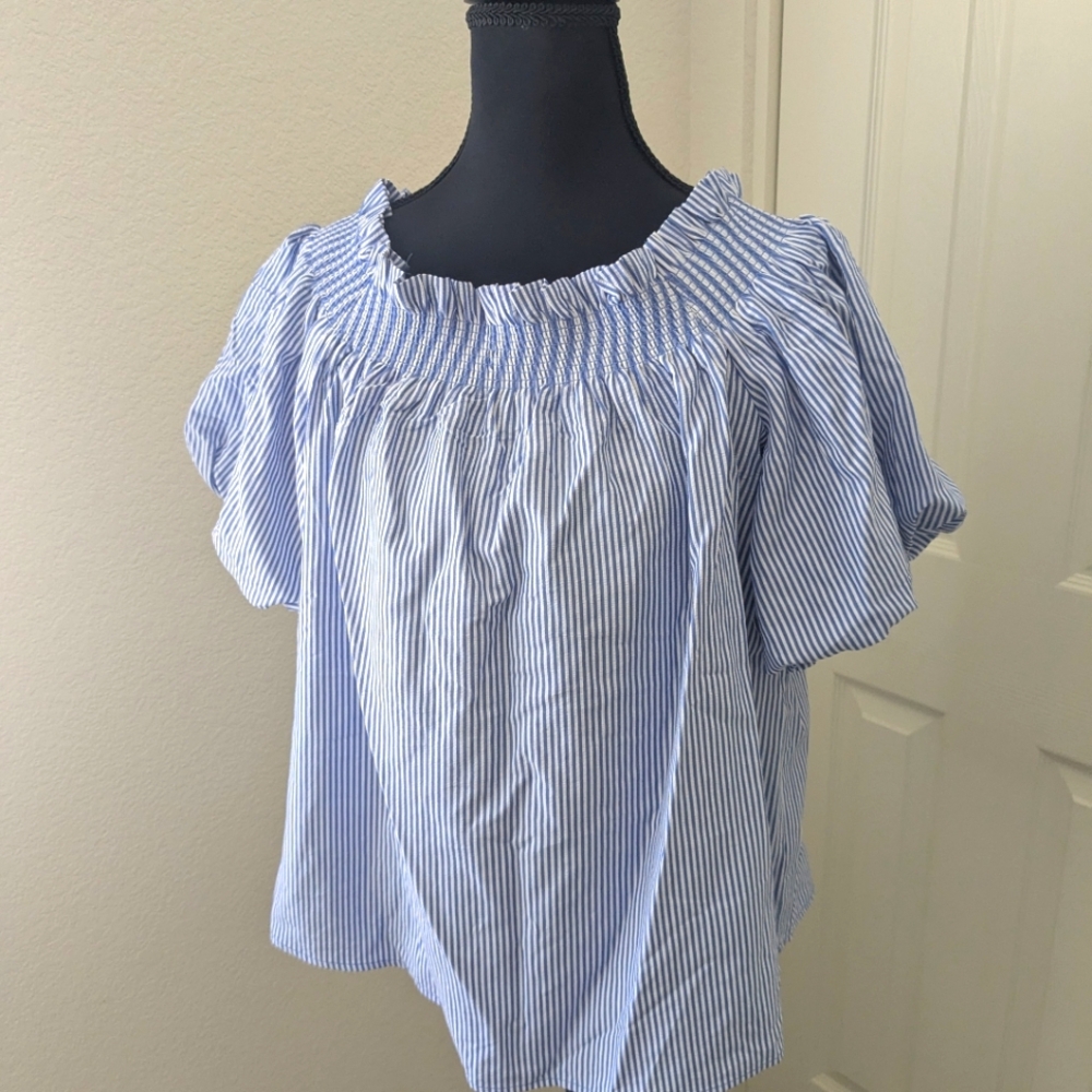 CeCe Blue White Striped Off Shoulder Blouse Smocked Neck Top  Size Medium